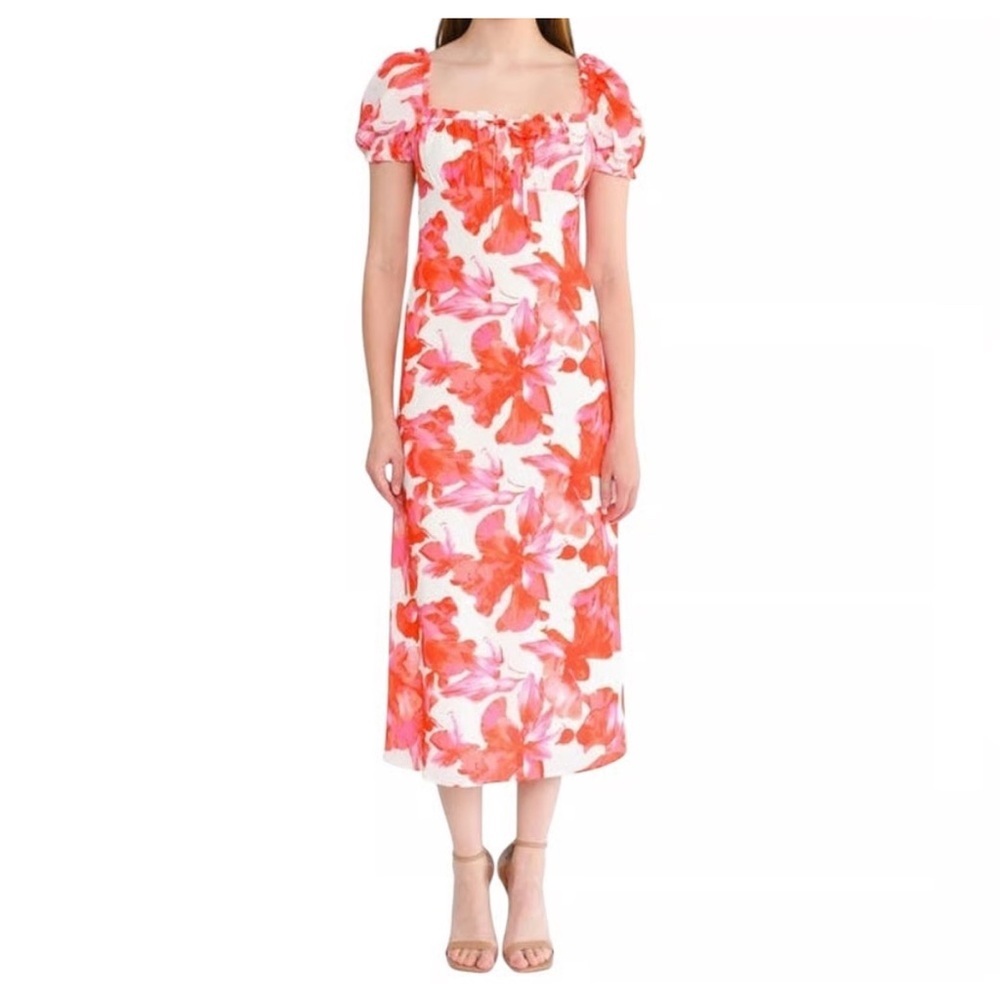 Wayf Orange and White Puff Sleeve Sundress